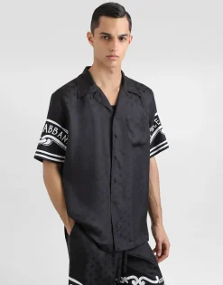 Printed silk and denim shirt