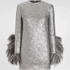 Quilted lamé jacquard sack minidress with feathered cuffs