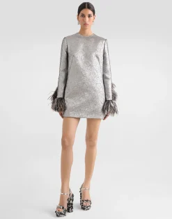 Quilted lamé jacquard sack minidress with feathered cuffs