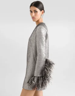 Quilted lamé jacquard sack minidress with feathered cuffs
