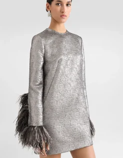Quilted lamé jacquard sack minidress with feathered cuffs
