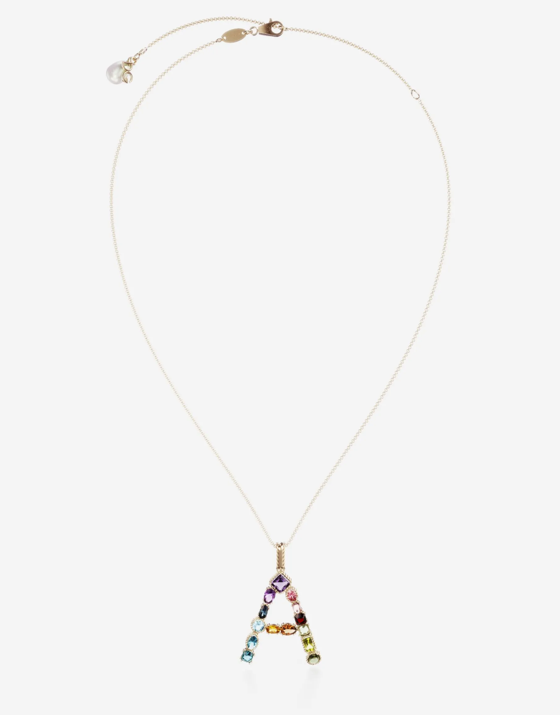 Rainbow alphabet A pendant in yellow gold with multicolor fine gems