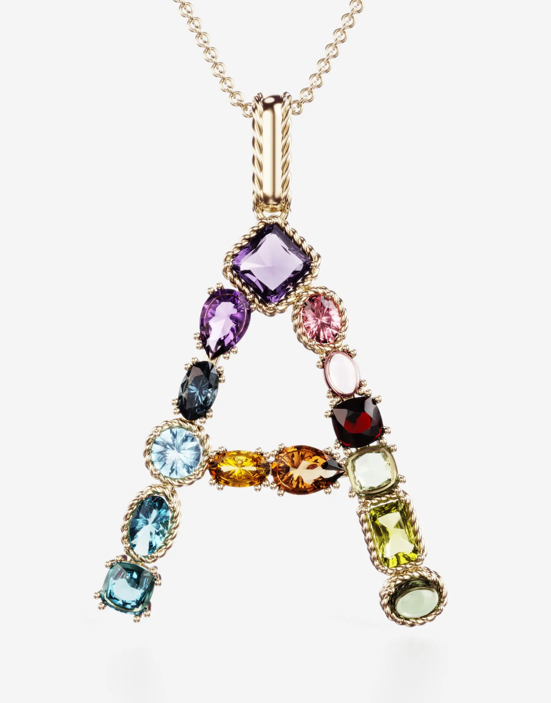 Rainbow alphabet A pendant in yellow gold with multicolor fine gems