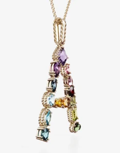 Rainbow alphabet A pendant in yellow gold with multicolor fine gems