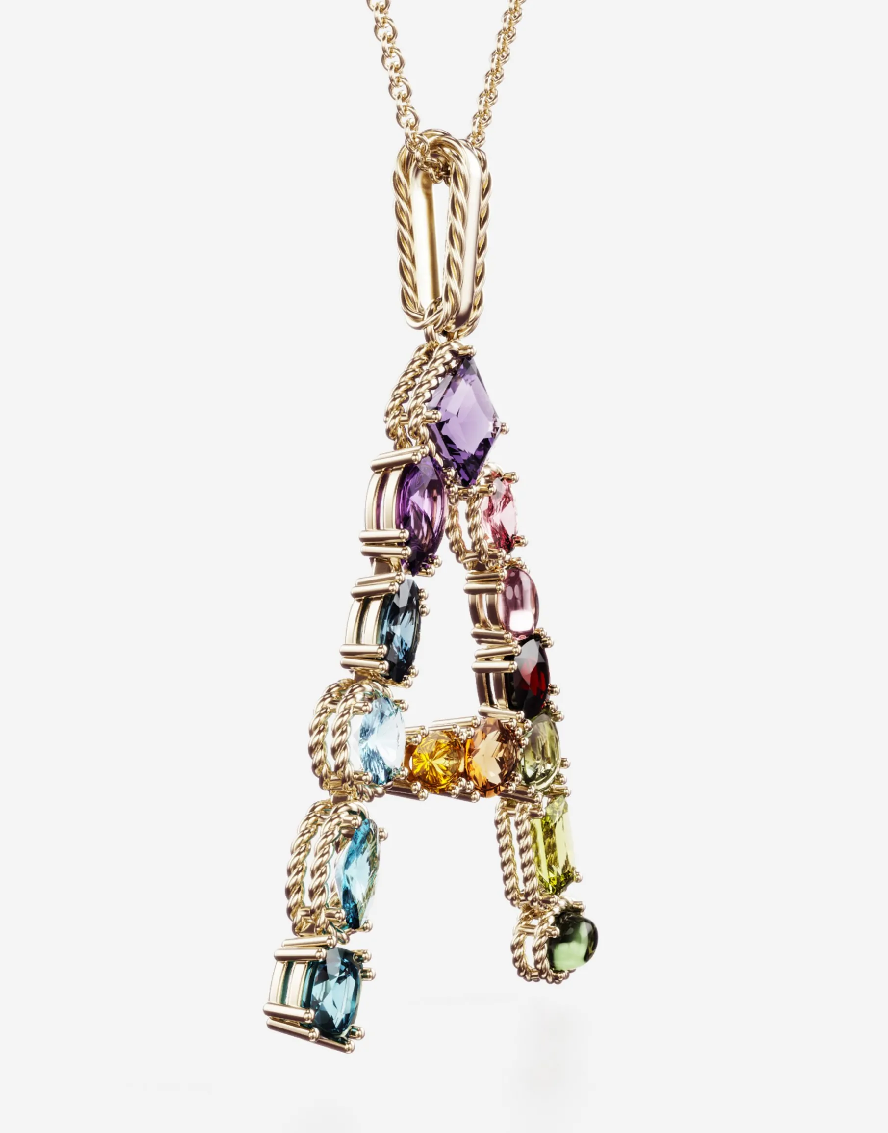 Rainbow alphabet A pendant in yellow gold with multicolor fine gems