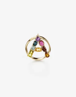Rainbow alphabet A ring in yellow gold with multicolor fine gems