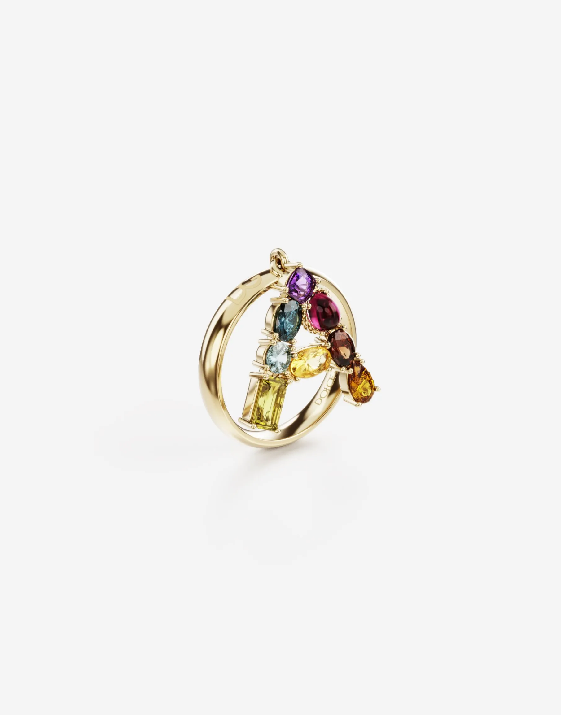 Rainbow alphabet A ring in yellow gold with multicolor fine gems