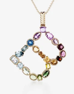 Rainbow alphabet B pendant in yellow gold with multicolor fine gems