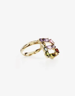 Rainbow alphabet B ring in yellow gold with multicolor fine gems