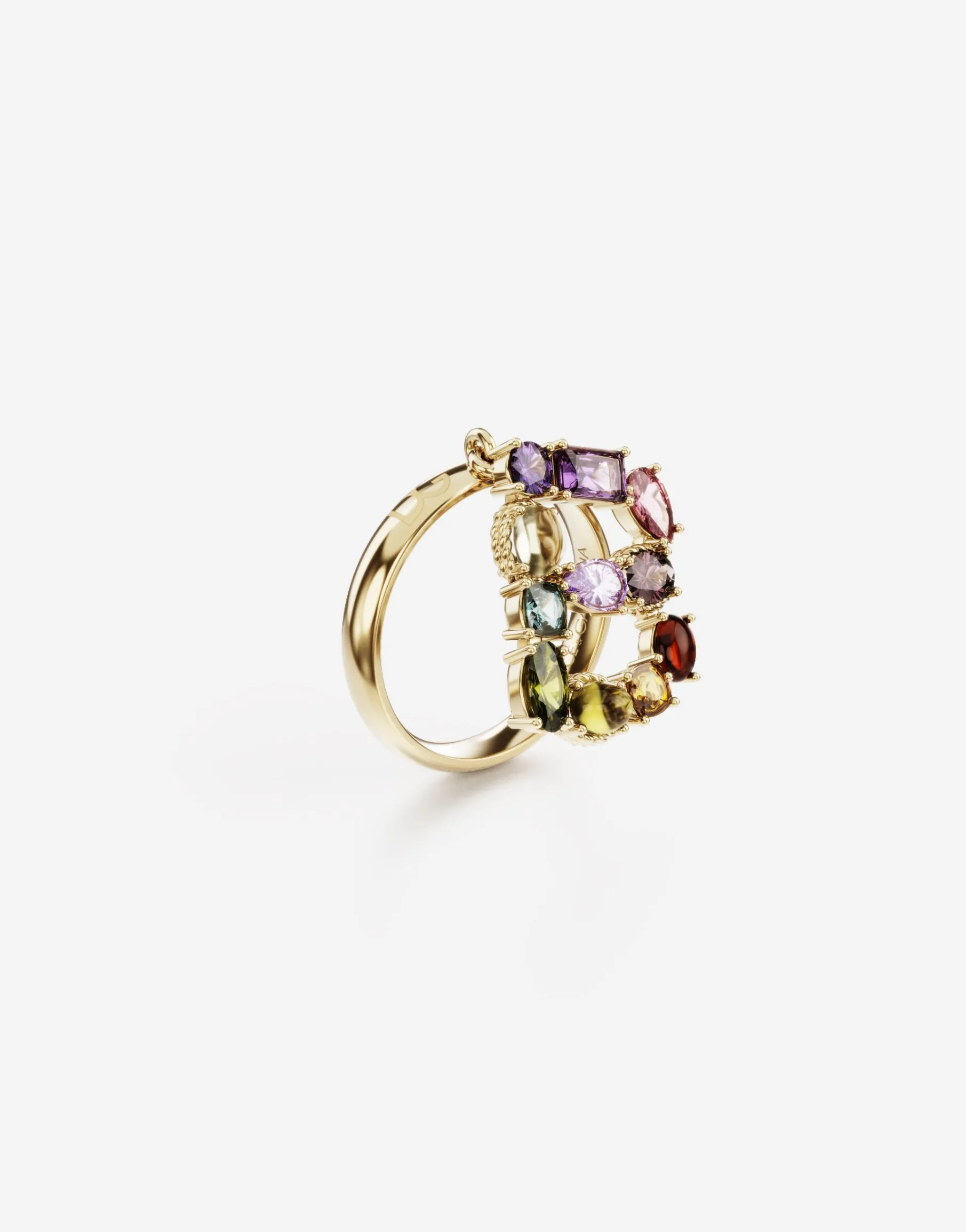 Rainbow alphabet B ring in yellow gold with multicolor fine gems