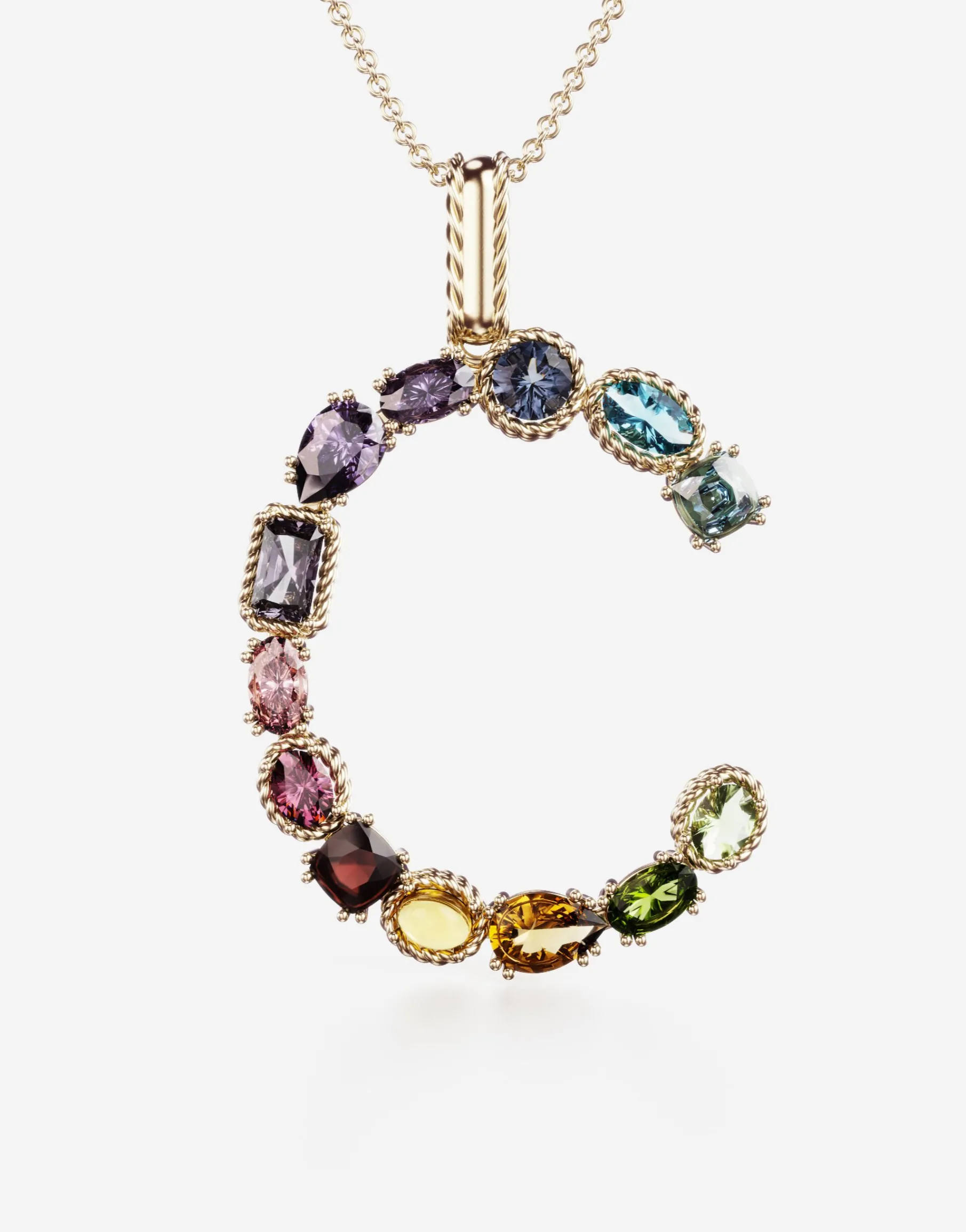 Rainbow alphabet C pendant in yellow gold with multicolor fine gems