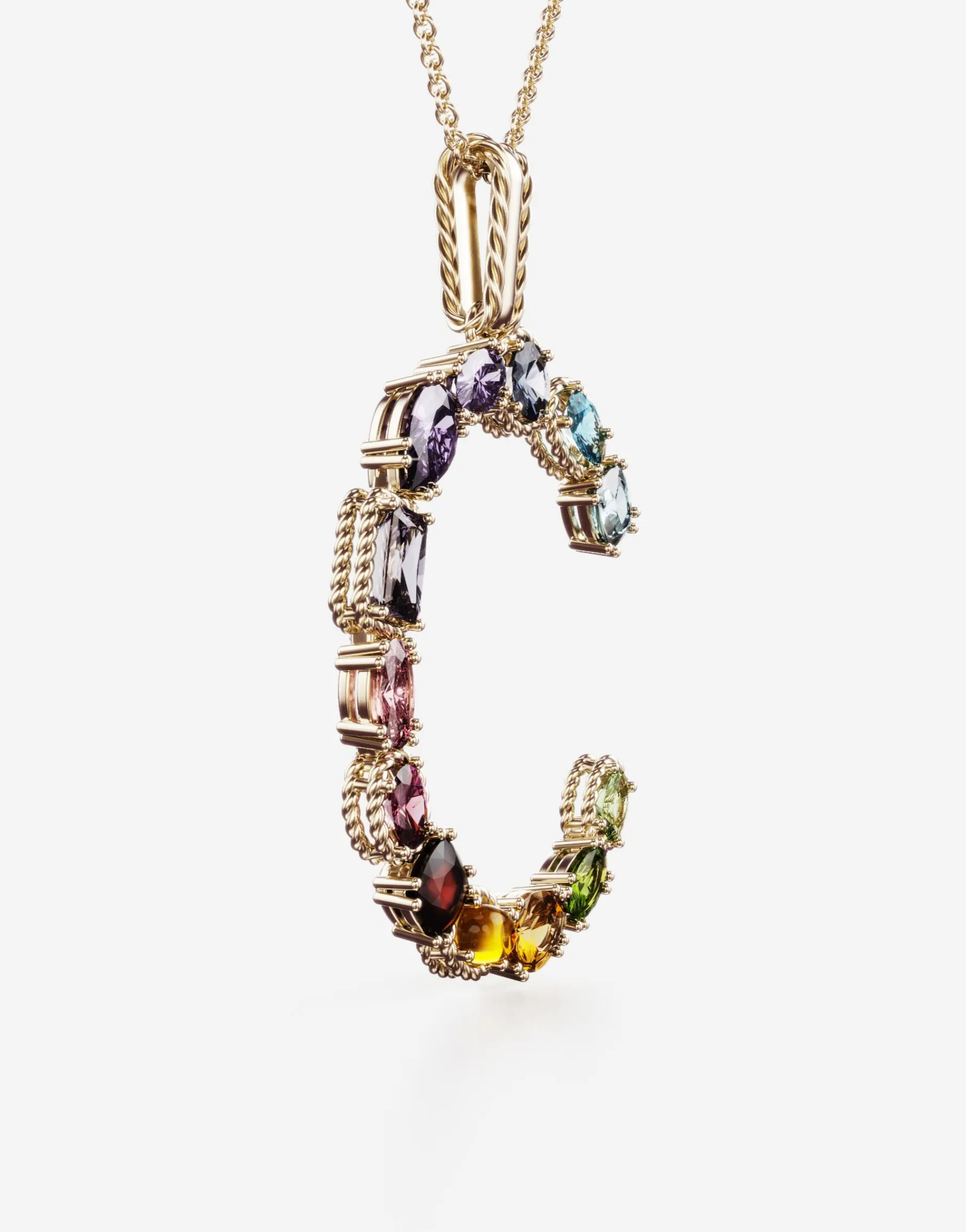 Rainbow alphabet C pendant in yellow gold with multicolor fine gems