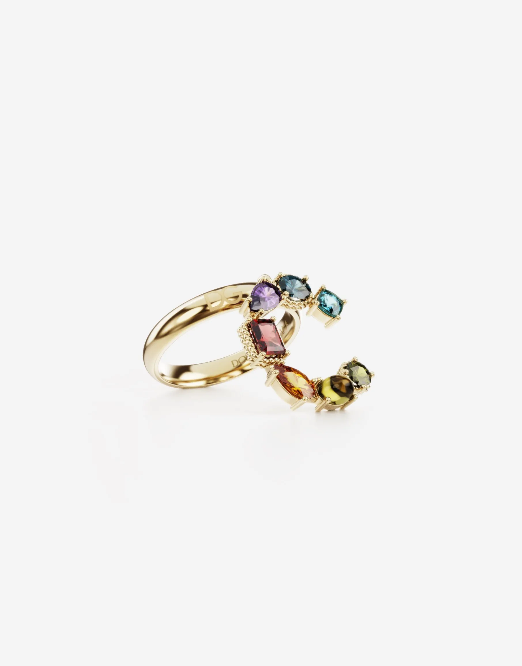 Rainbow alphabet C ring in yellow gold with multicolor fine gems