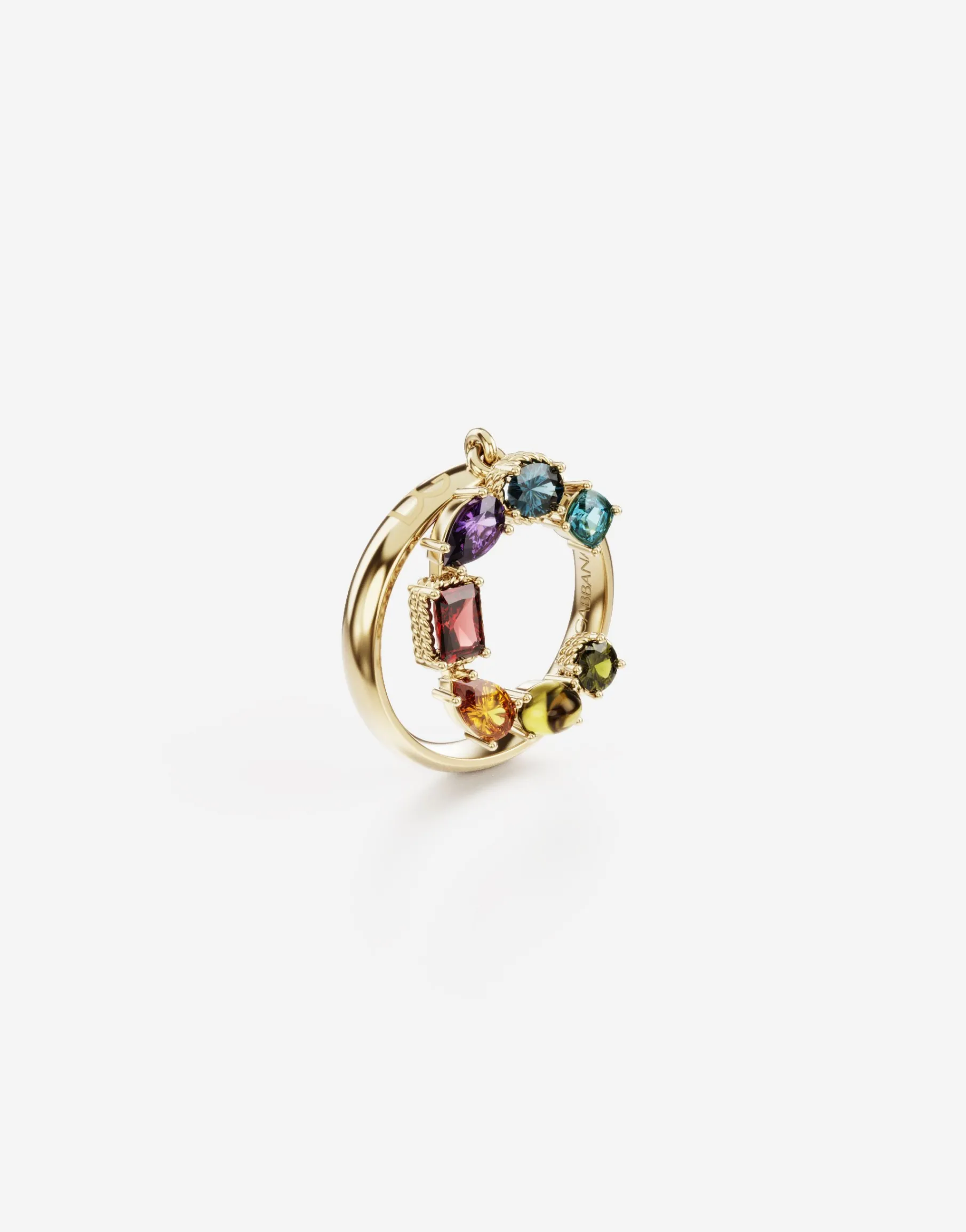 Rainbow alphabet C ring in yellow gold with multicolor fine gems