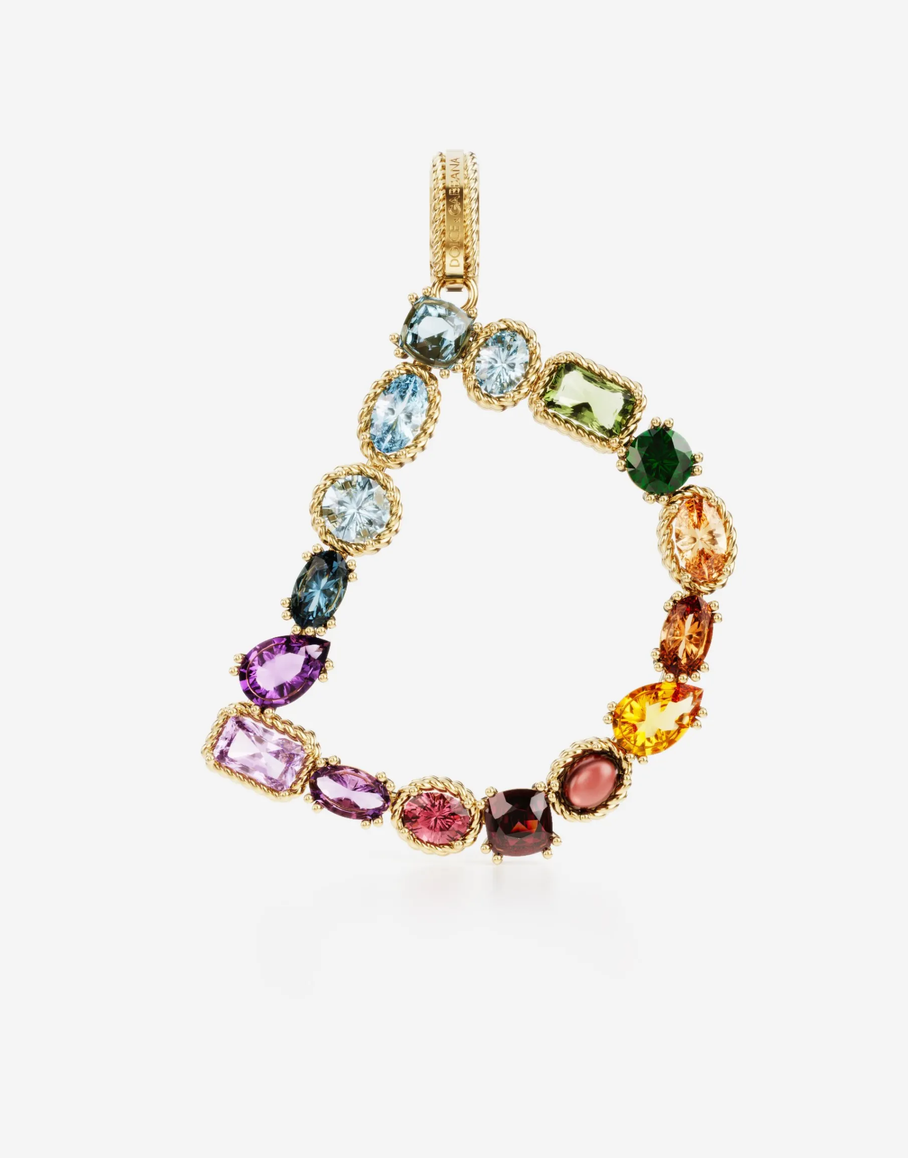 Rainbow alphabet D 18 kt yellow gold charm with multicolor fine gems