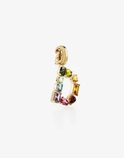 Rainbow alphabet D 18 kt yellow gold charm with multicolor fine gems