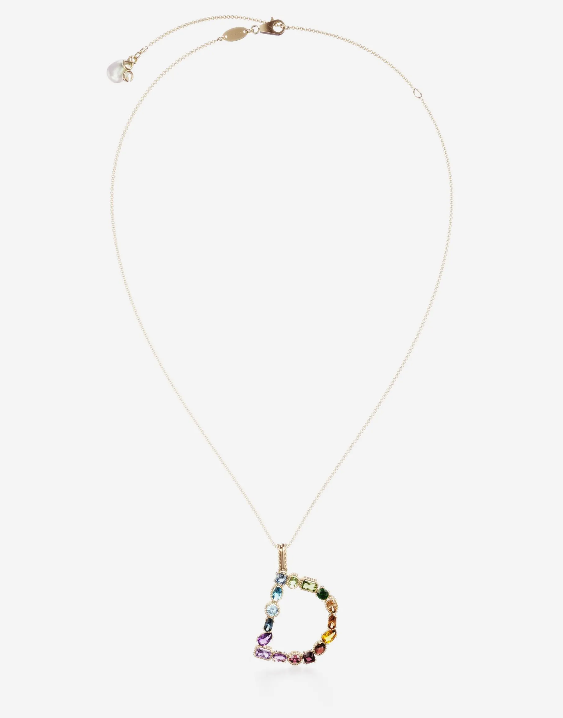 Rainbow alphabet D pendant in yellow gold with multicolor fine gems