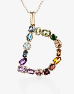 Rainbow alphabet D pendant in yellow gold with multicolor fine gems