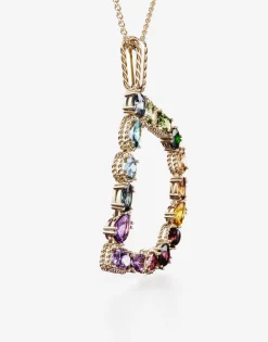 Rainbow alphabet D pendant in yellow gold with multicolor fine gems