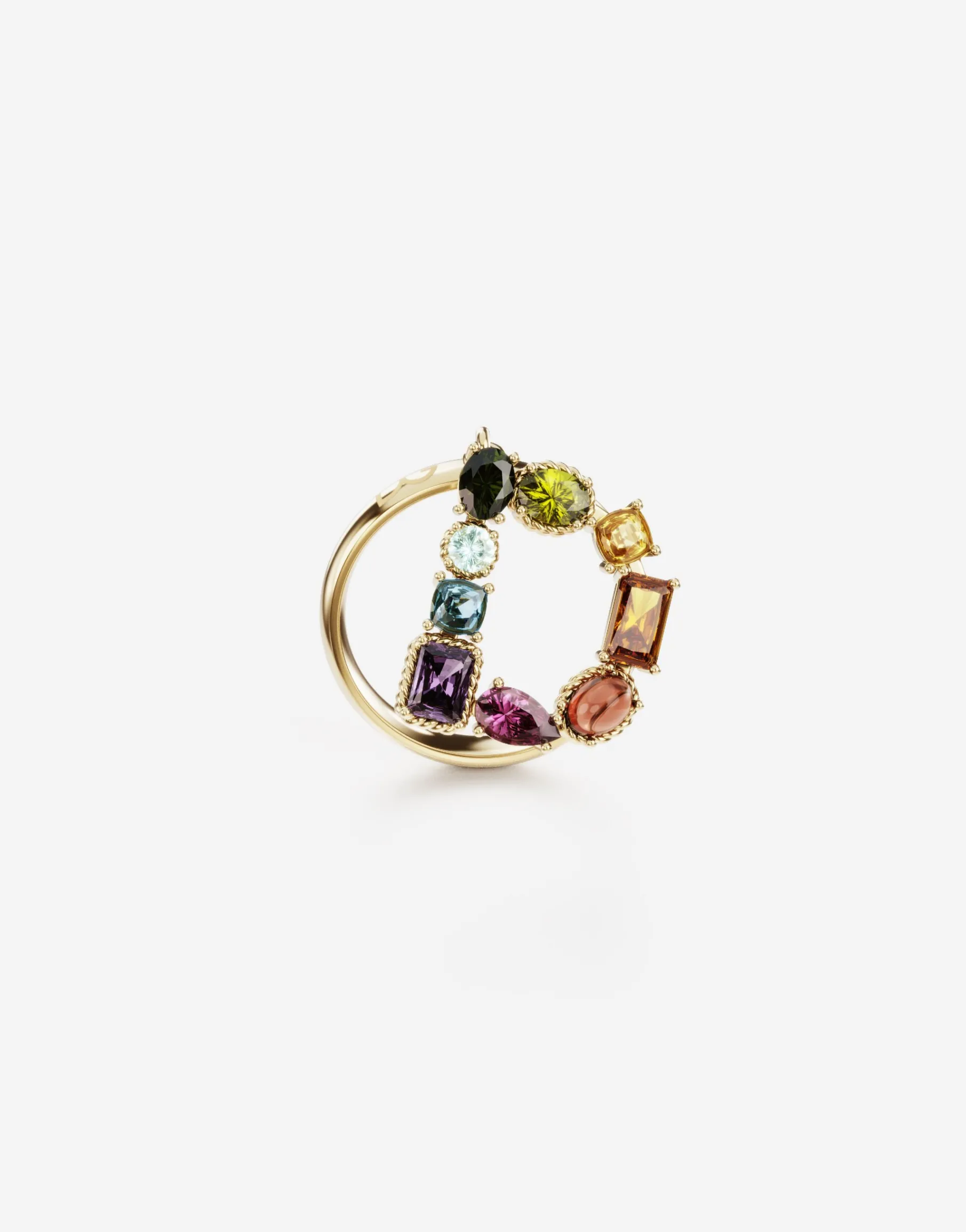 Rainbow alphabet D ring in yellow gold with multicolor fine gems