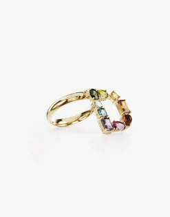 Rainbow alphabet D ring in yellow gold with multicolor fine gems