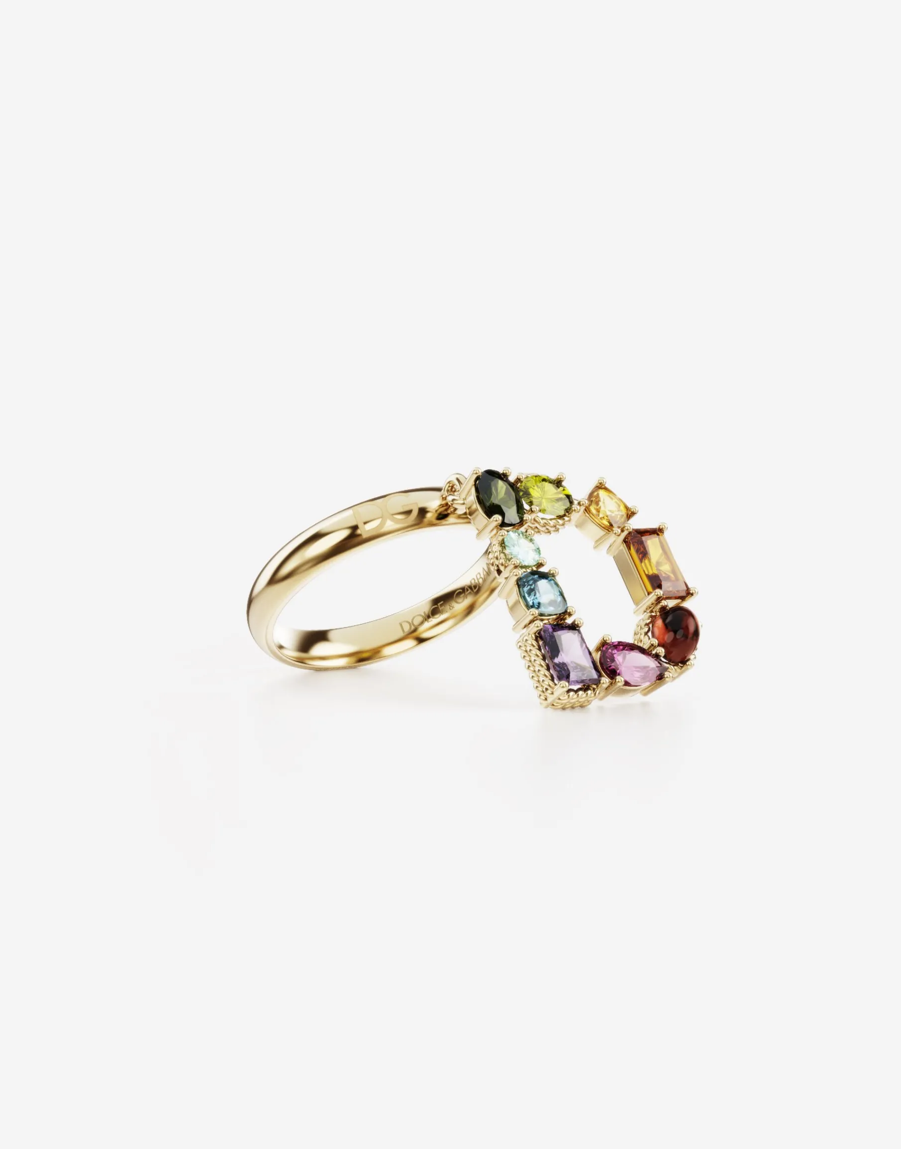 Rainbow alphabet D ring in yellow gold with multicolor fine gems