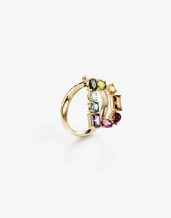 Rainbow alphabet D ring in yellow gold with multicolor fine gems
