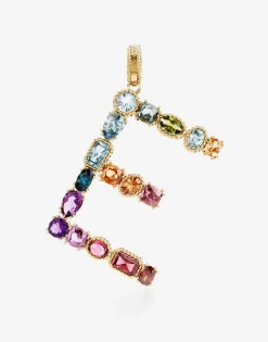 Rainbow alphabet E 18 kt yellow gold charm with multicolor fine gems