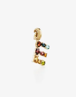 Rainbow alphabet E 18 kt yellow gold charm with multicolor fine gems