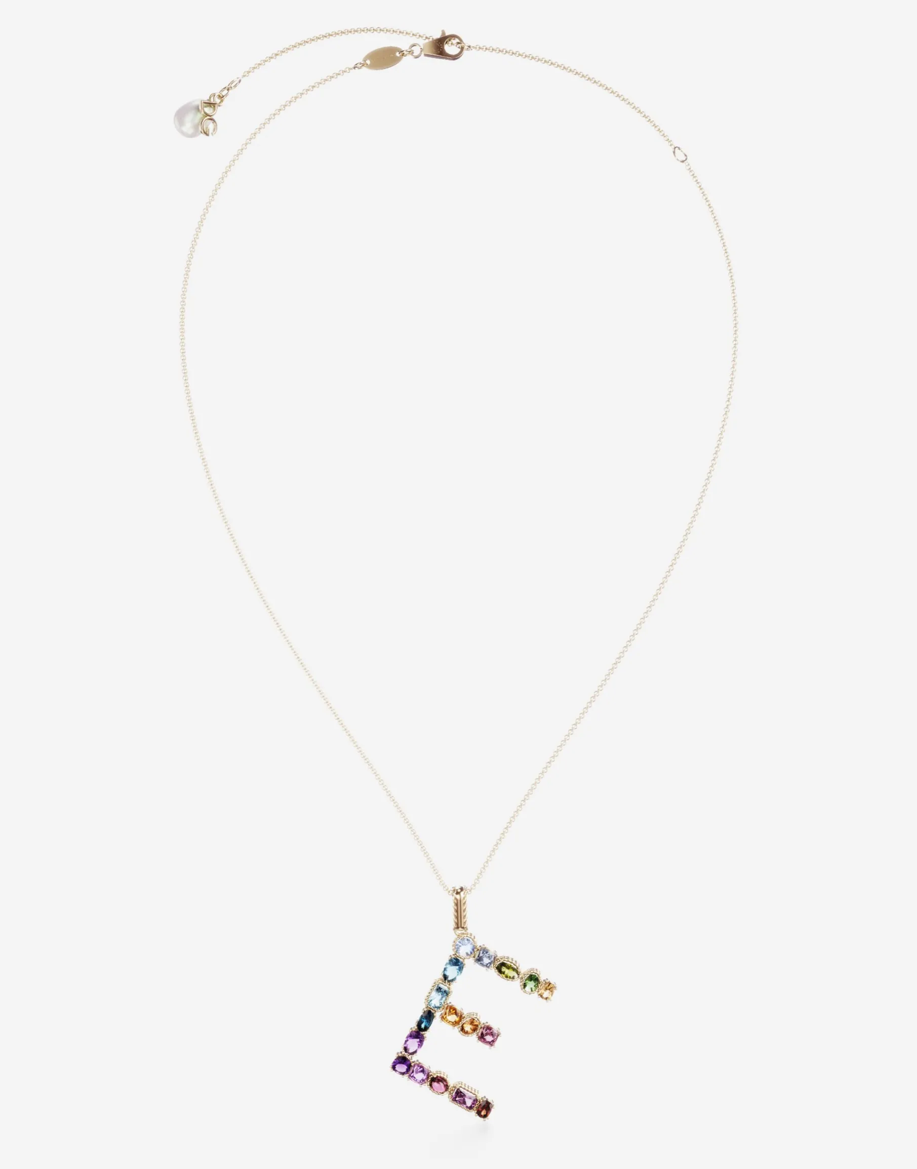 Rainbow alphabet E pendant in yellow gold with multicolor fine gems