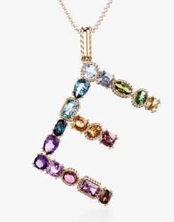Rainbow alphabet E pendant in yellow gold with multicolor fine gems