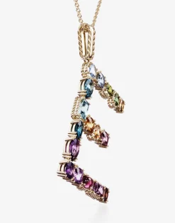 Rainbow alphabet E pendant in yellow gold with multicolor fine gems