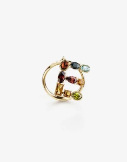 Rainbow alphabet E ring in yellow gold with multicolor fine gems