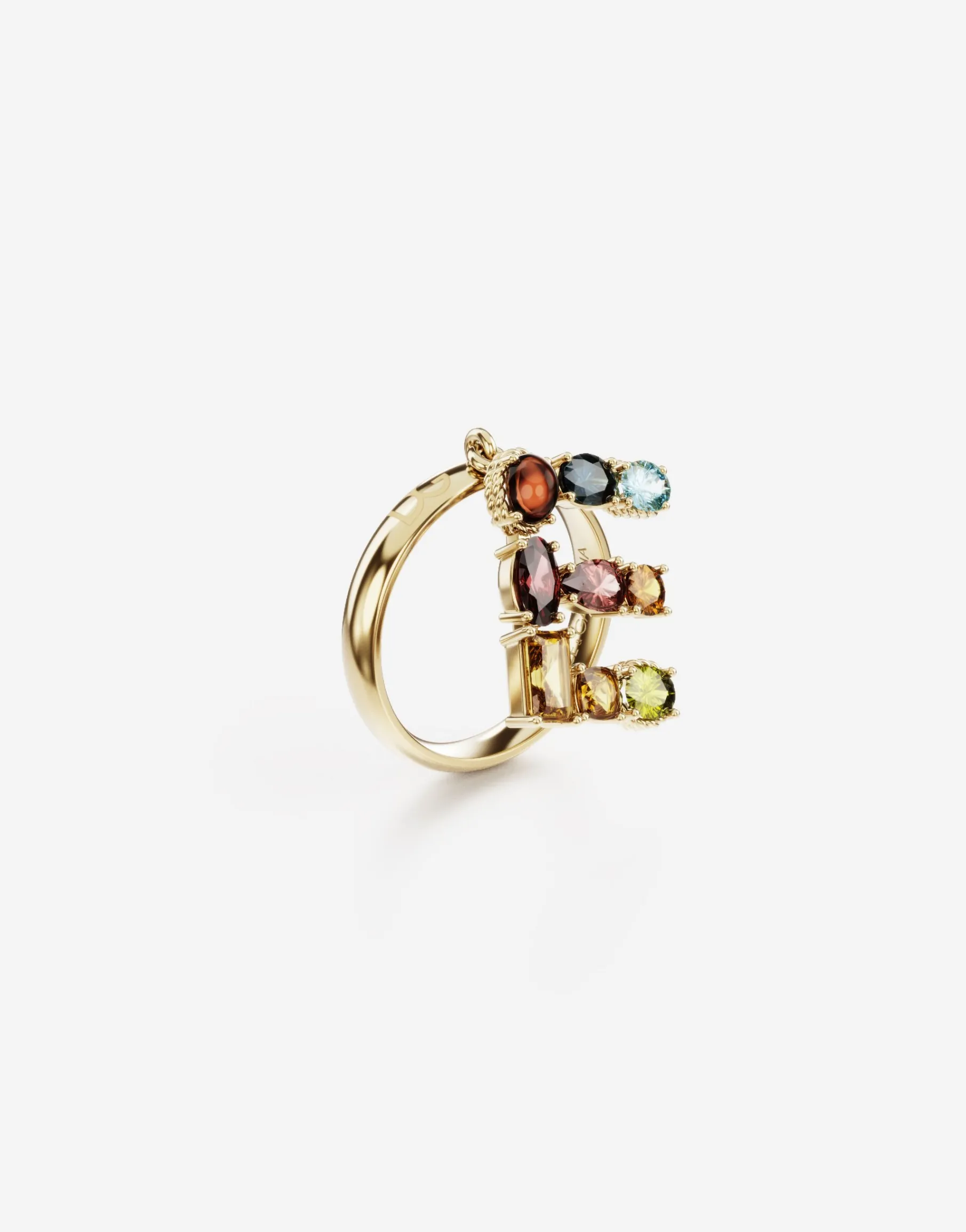 Rainbow alphabet E ring in yellow gold with multicolor fine gems