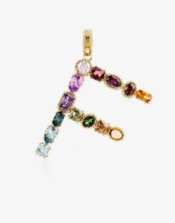Rainbow alphabet F 18 kt yellow gold charm with multicolor fine gems