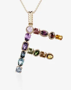 Rainbow alphabet F pendant in yellow gold with multicolor fine gems
