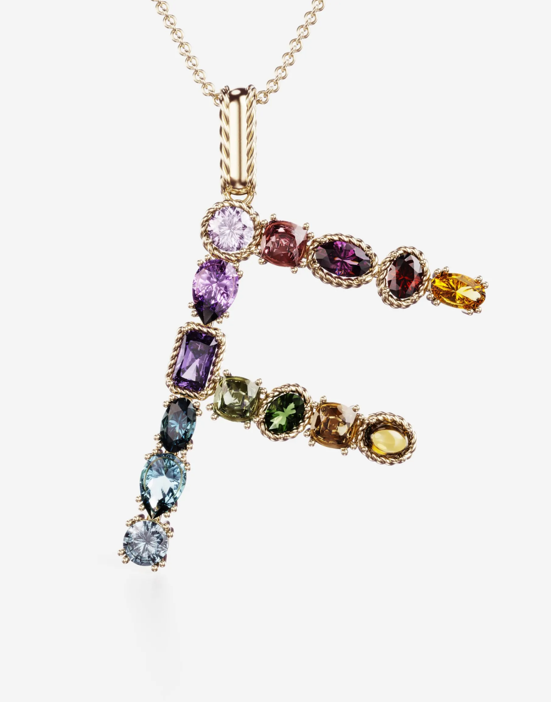 Rainbow alphabet F pendant in yellow gold with multicolor fine gems