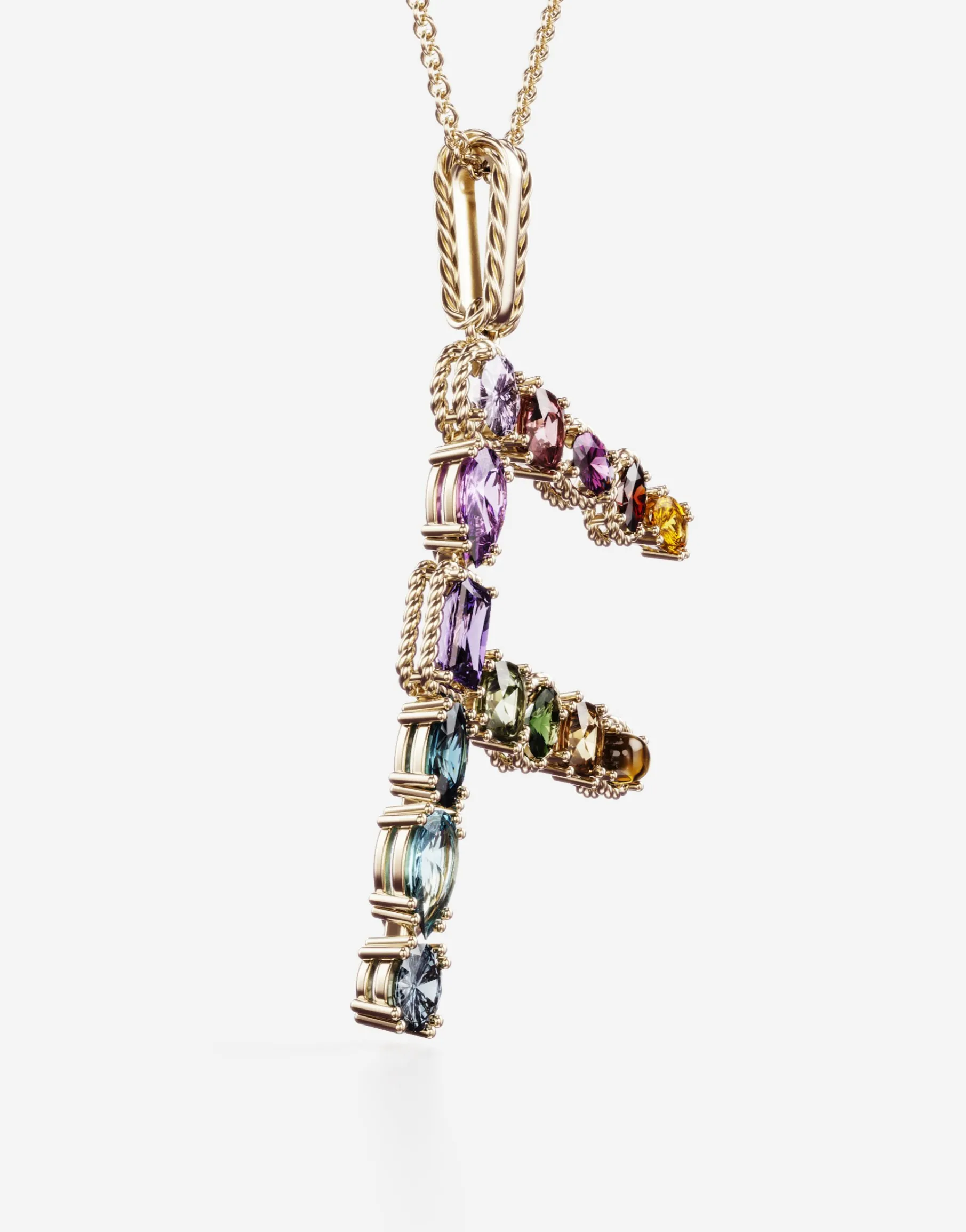 Rainbow alphabet F pendant in yellow gold with multicolor fine gems