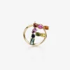 Rainbow alphabet F ring in yellow gold with multicolor fine gems