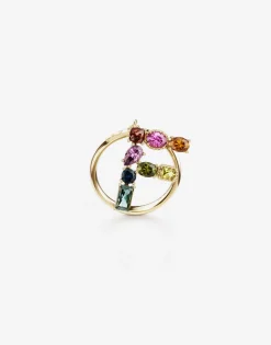 Rainbow alphabet F ring in yellow gold with multicolor fine gems