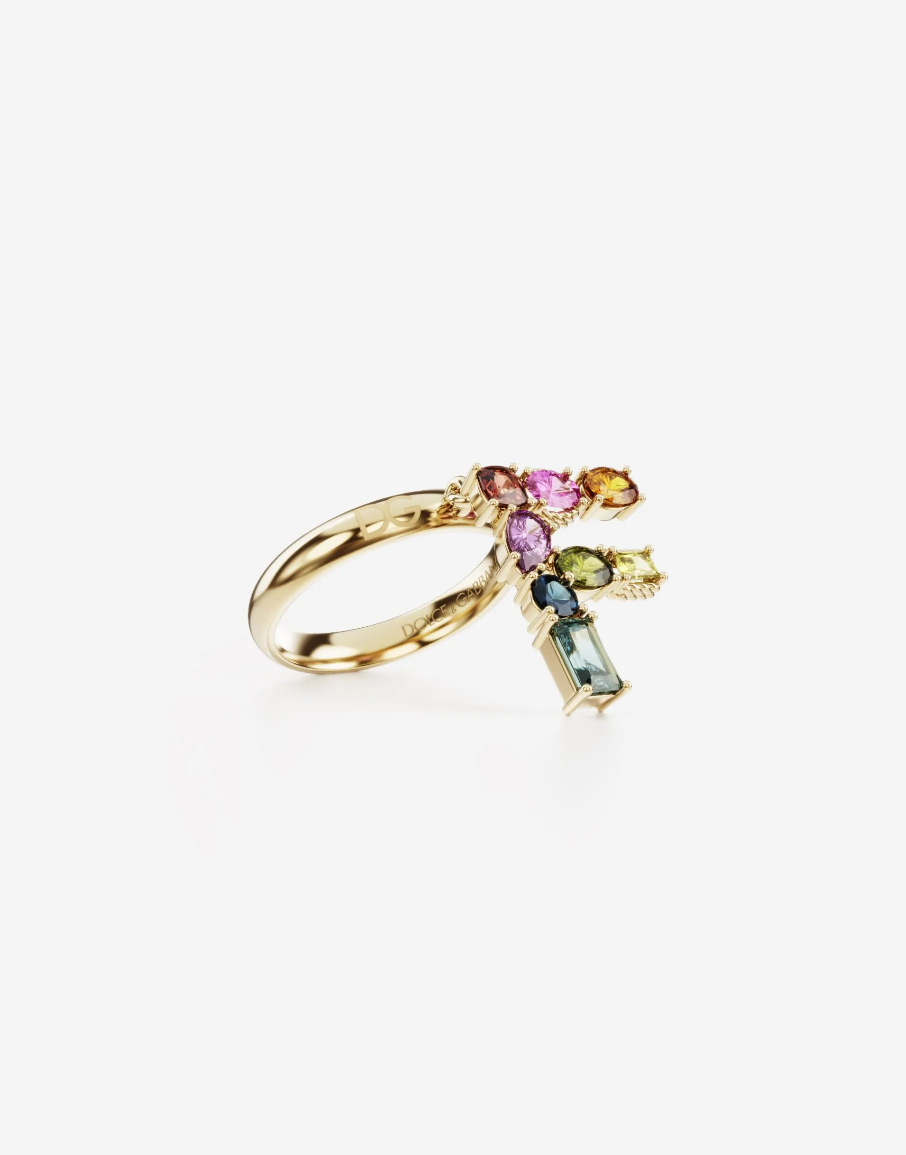 Rainbow alphabet F ring in yellow gold with multicolor fine gems