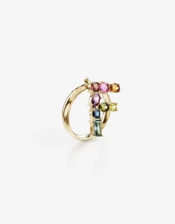 Rainbow alphabet F ring in yellow gold with multicolor fine gems