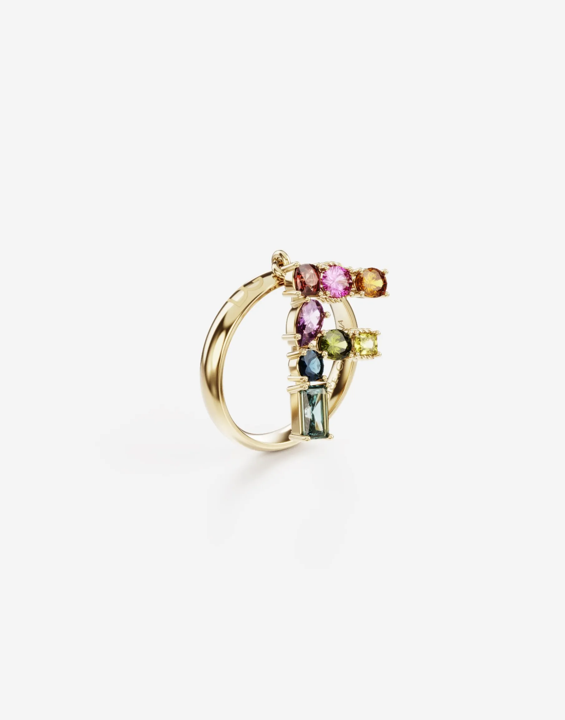Rainbow alphabet F ring in yellow gold with multicolor fine gems