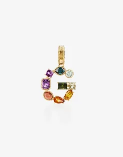 Rainbow alphabet G 18 kt yellow gold charm with multicolor fine gems