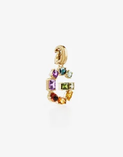 Rainbow alphabet G 18 kt yellow gold charm with multicolor fine gems