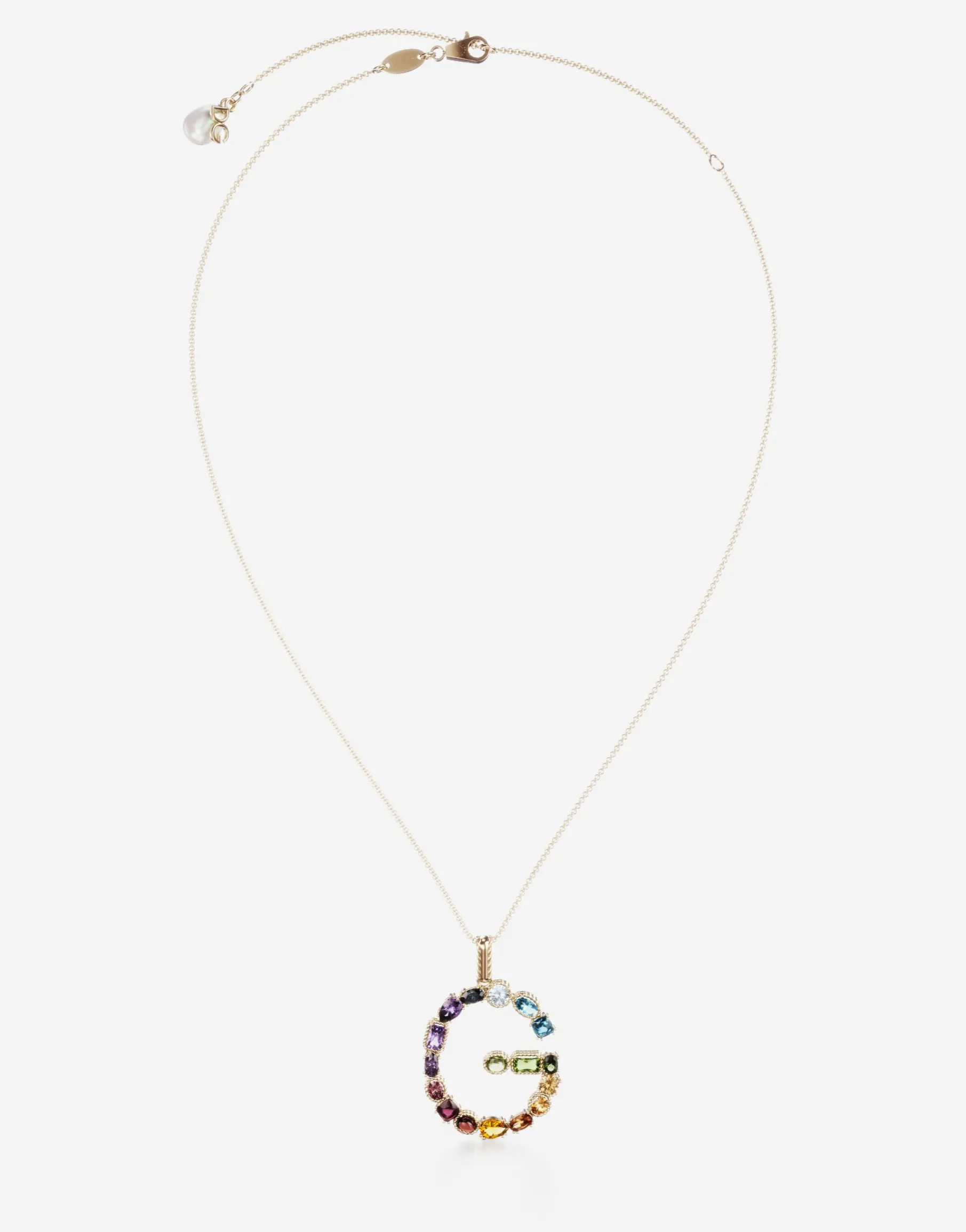 Rainbow alphabet G pendant in yellow gold with multicolor fine gems