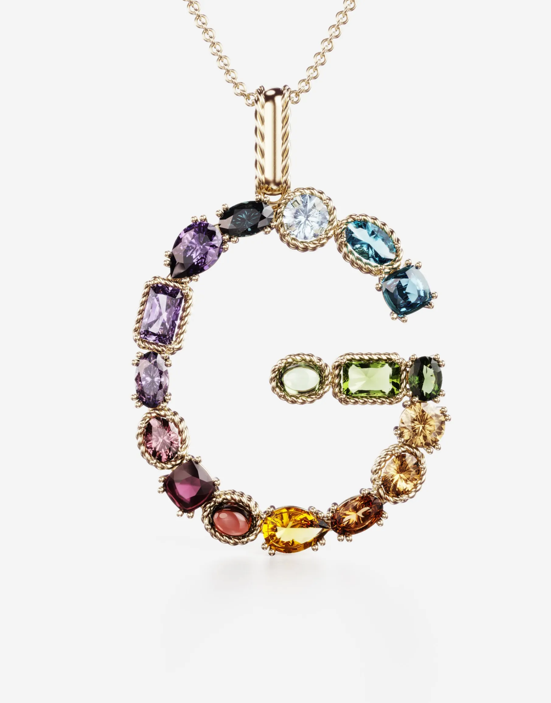 Rainbow alphabet G pendant in yellow gold with multicolor fine gems
