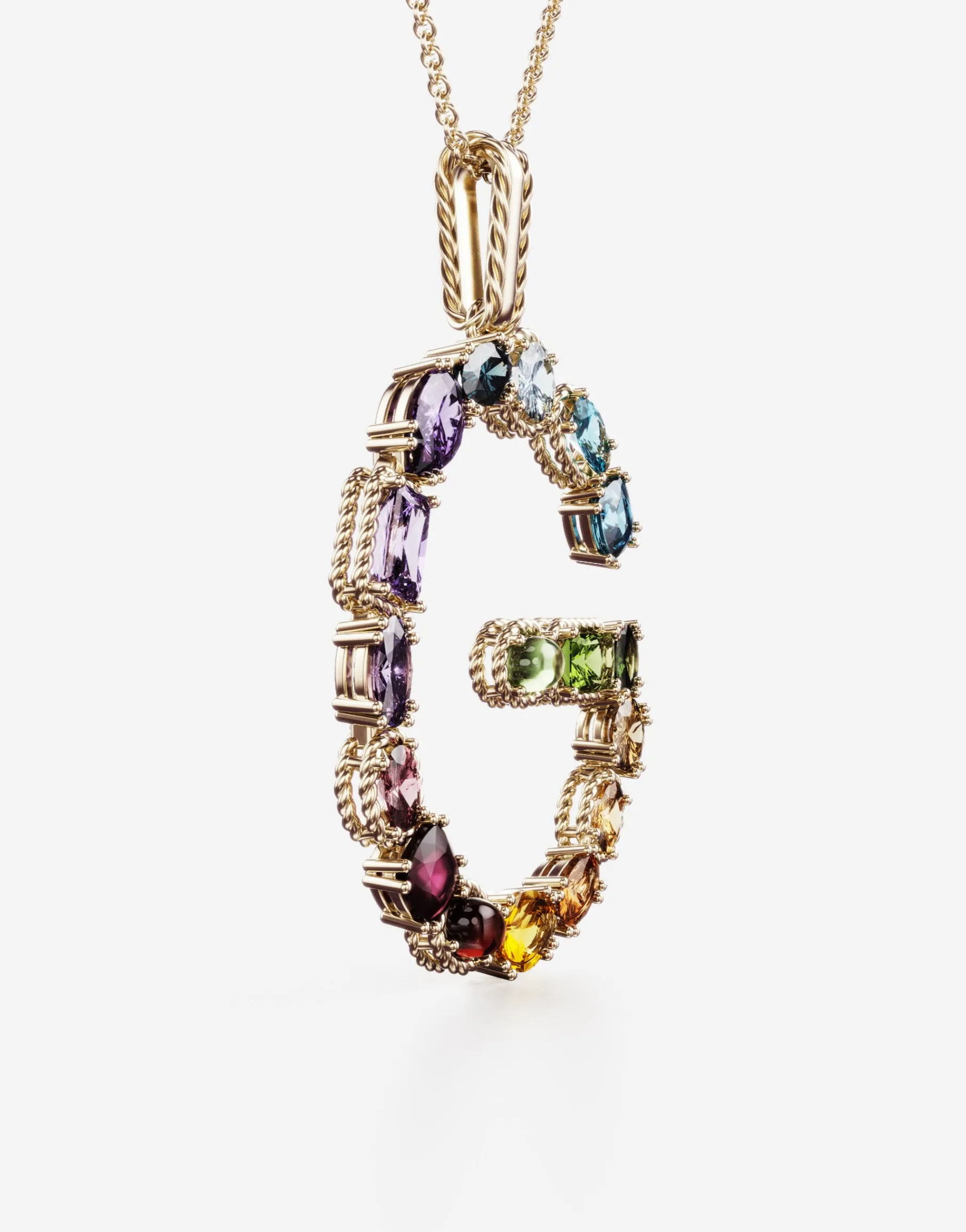 Rainbow alphabet G pendant in yellow gold with multicolor fine gems
