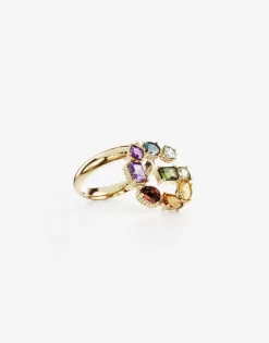 Rainbow alphabet G ring in yellow gold with multicolor fine gems
