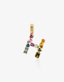 Rainbow alphabet H 18 kt yellow gold charm with multicolor fine gems
